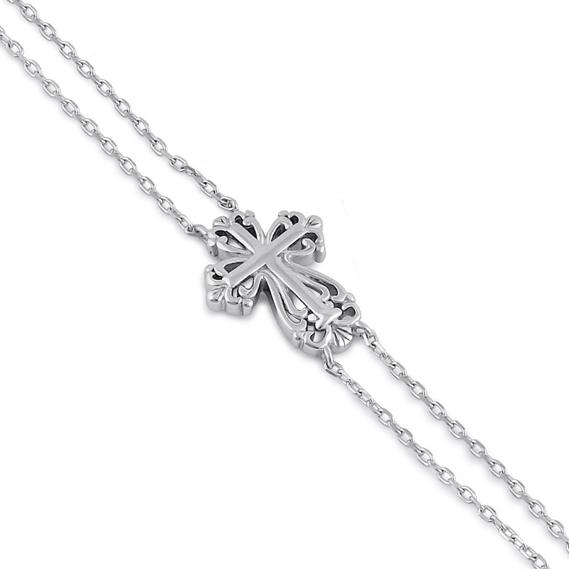 Sterling Silver Vintage Floral Cross Double Chain Bracelet