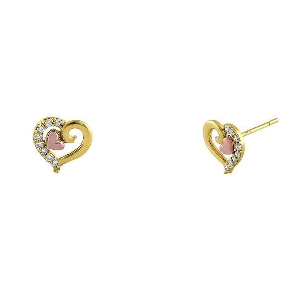 Solid 14K Yellow Gold & Rose Gold Plating Heart Diamond Earrings