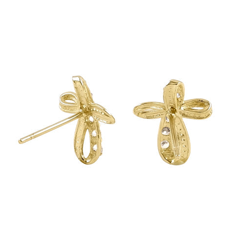 Solid 14K Yellow Gold Twisted Cross CZ Earrings