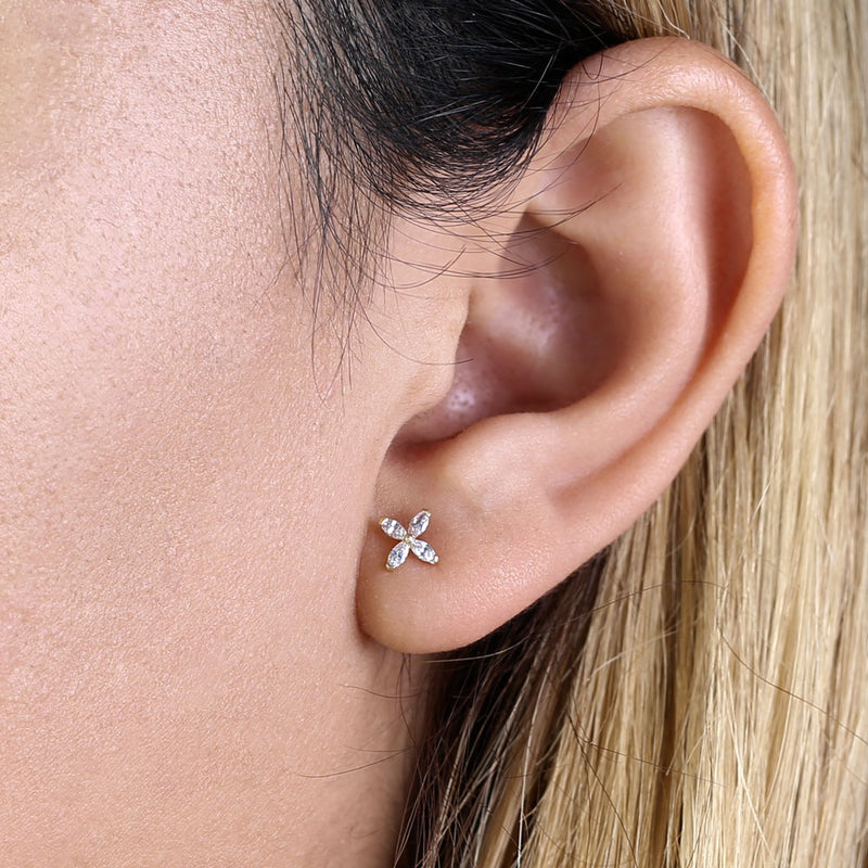 Solid 14K Yellow Gold Flower Marquise CZ Stud Earrings
