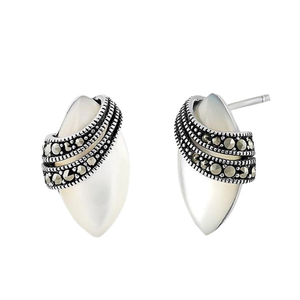 Sterling Silver Marquise Mother of Pearl Marcasite Earrings