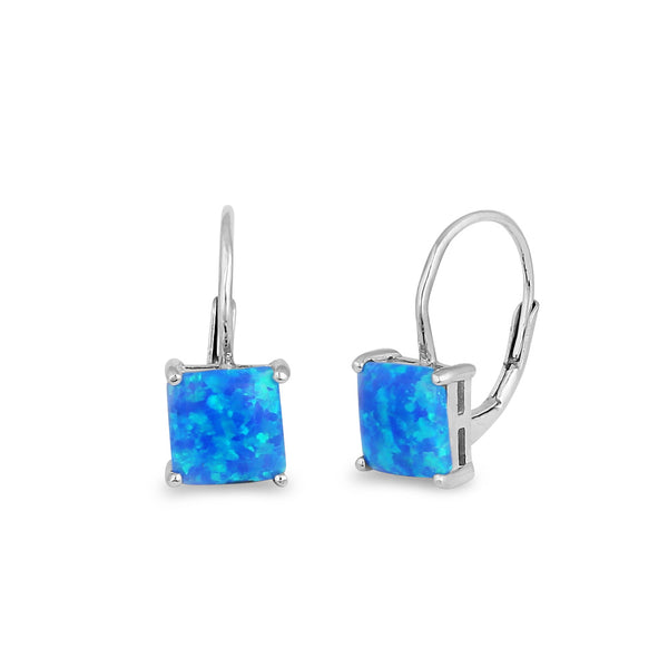 Sterling Silver Elegant Blue Lab Opal Square Earrings
