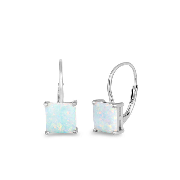 Sterling Silver Elegant White Lab Opal Square Earrings
