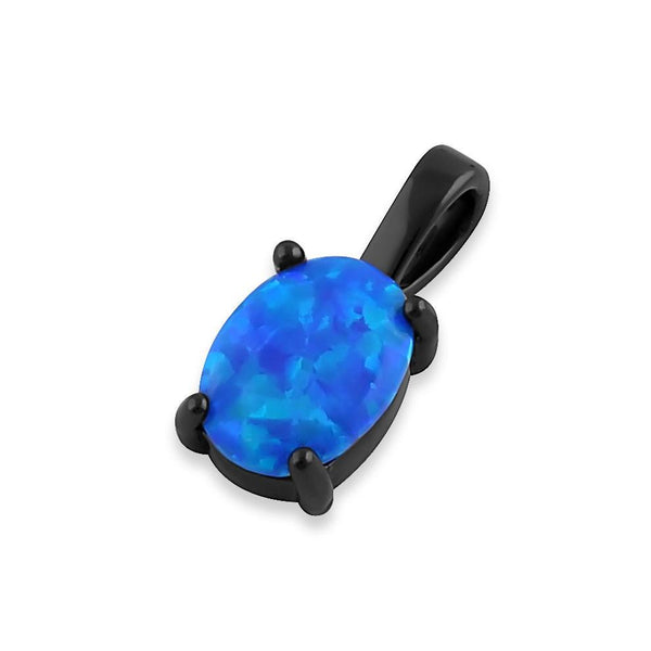 Sterling Silver Black Rhodium Plated Blue Lab Opal Oval Pendant