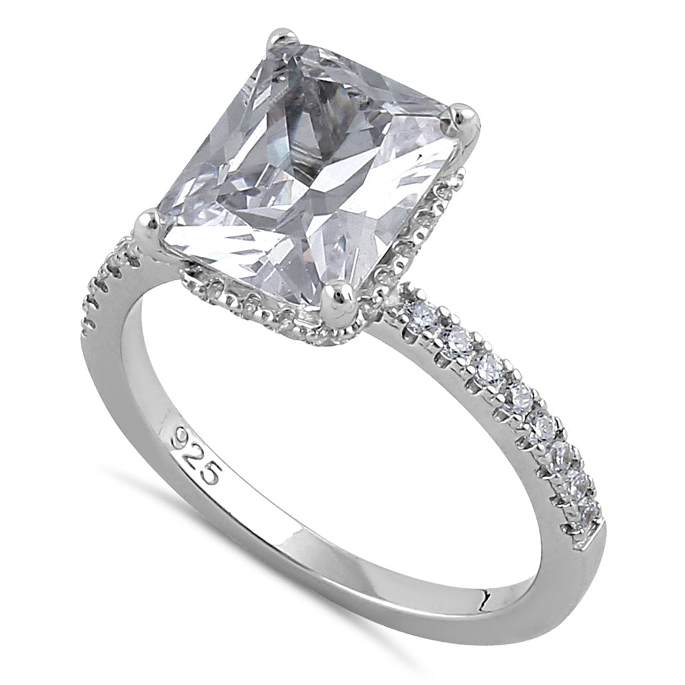 Sterling Silver Clear CZ Emerald Engagement Ring - Main Image