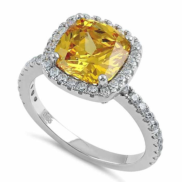 Sterling Silver Cushion Cut Golden Yellow and Clear CZ Ring