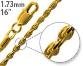 14K Gold Plated 16" Rope Brass Chain Necklace 1.73mm
