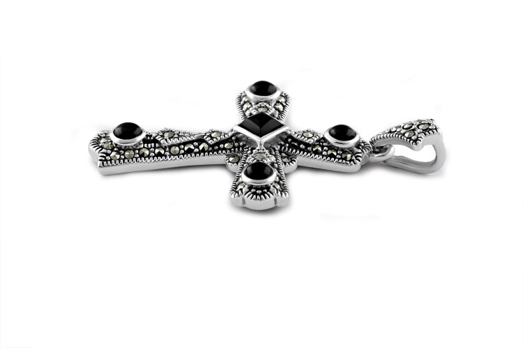 Sterling Silver Black Onyx Cross Marcasite Pendant