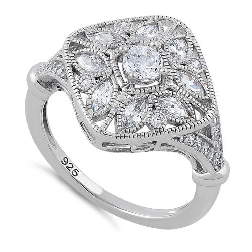 Sterling Silver Blooming Flower Round Cut Clear CZ Ring