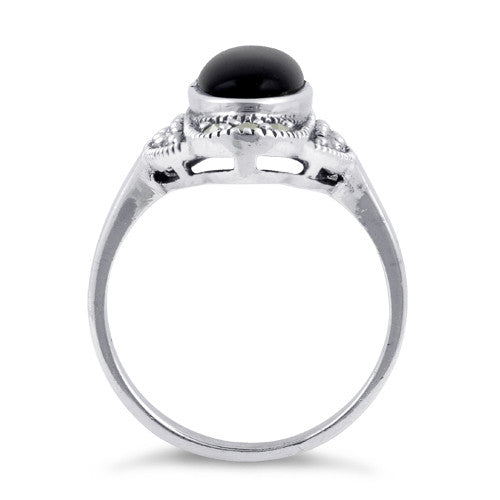 Sterling Silver Black Onyx Oval Marcasite Ring