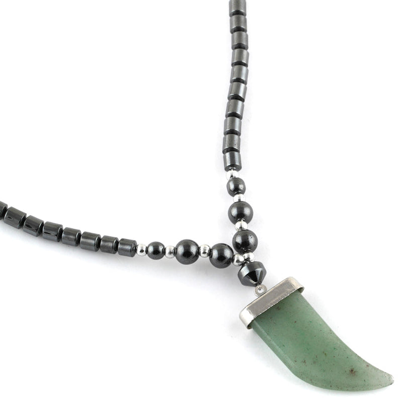 18" Green Aventurine Flat Tooth Stone Hematite Necklace (Not Sterling Silver)