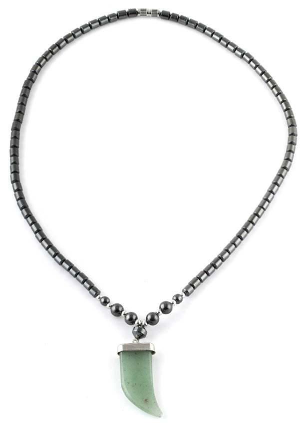 18" Green Aventurine Flat Tooth Stone Hematite Necklace (Not Sterling Silver)