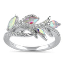 Sterling Silver Vine Leaves Iridescent Rainbow CZ Ring
