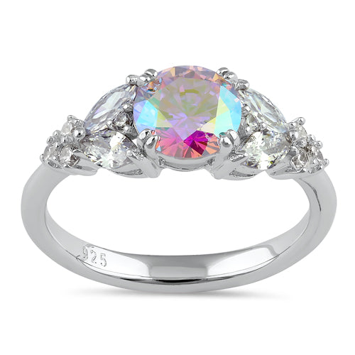 Sterling Silver Elegant Round Iridescent Rainbow CZ Ring
