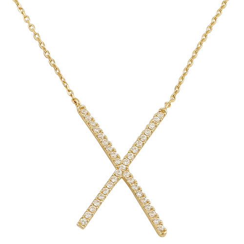 Solid 14K Yellow Gold CZ X Necklace