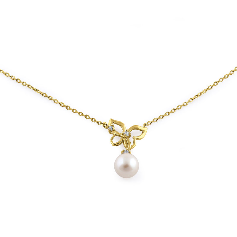 Solid 14K Yellow Gold Butterfly Pearl Diamond Necklace