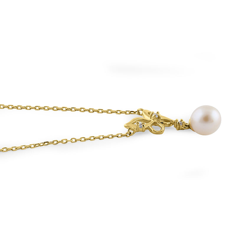 Solid 14K Yellow Gold Butterfly Pearl Diamond Necklace