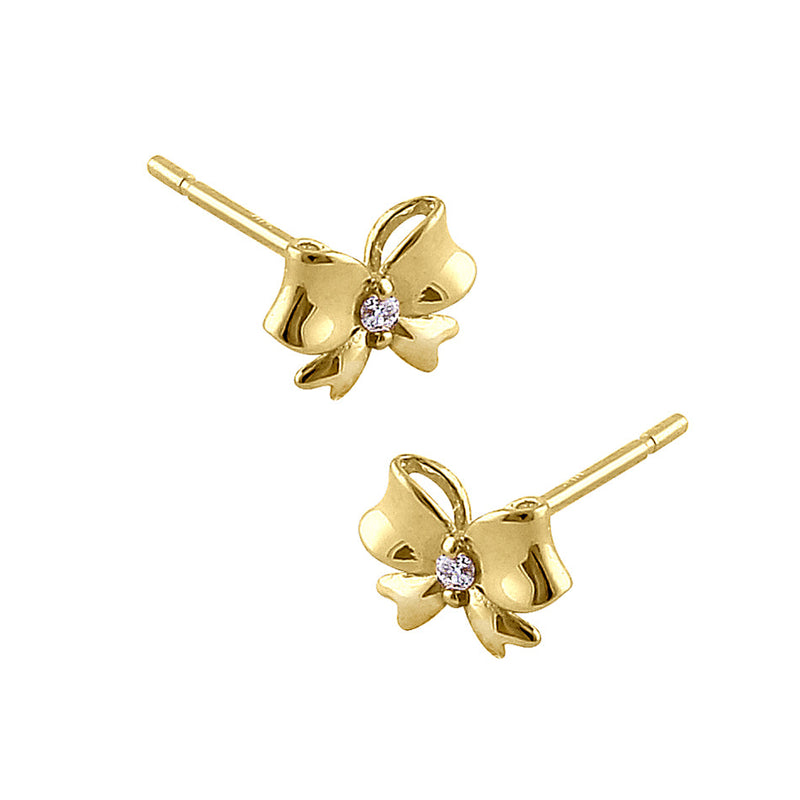 Solid 14K Yellow Gold Bow Diamond Earrings