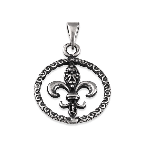 Sterling Silver Fleur De Lis Round Pendant