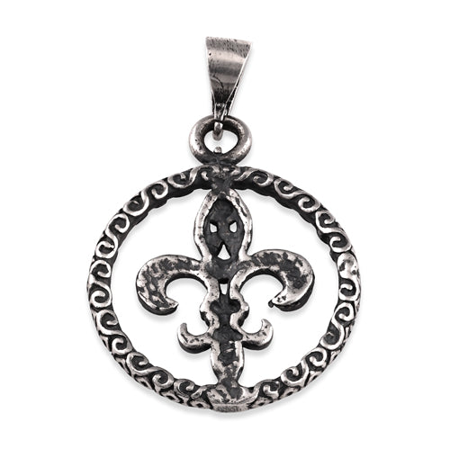 Sterling Silver Fleur De Lis Round Pendant