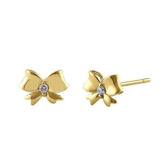 Solid 14K Yellow Gold Bow Diamond Earrings