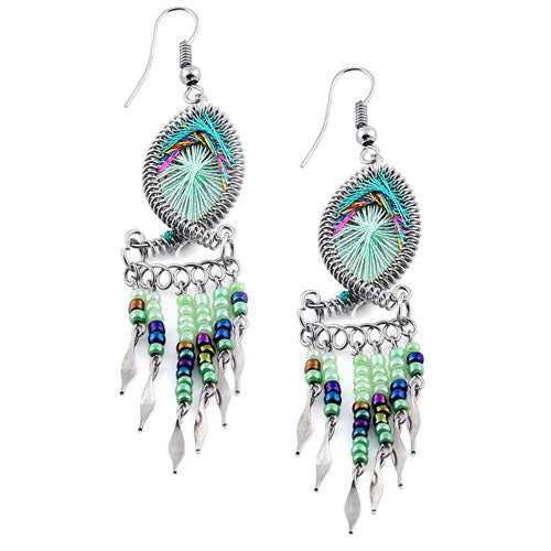 Stainless Steel Peruvian Green Silk Thread Beaded Fish Dangle Earrings (Not Sterling Silver)