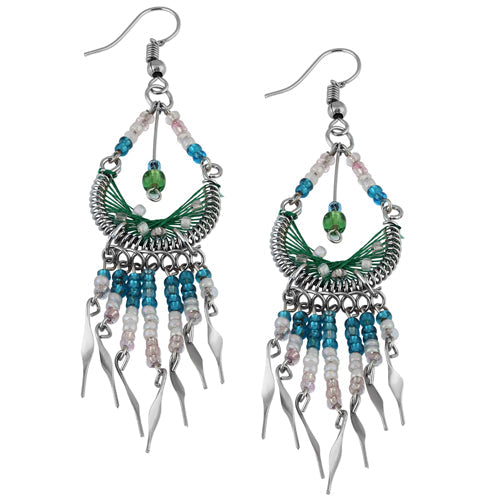 Stainless Steel Peruvian Light Green Silk Thread Beaded Dangle Earrings (Not Sterling Silver)