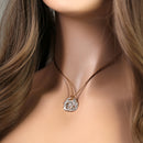 Sterling Silver Diamond Cut Flower with Brown Leather Cord 16" Necklace
