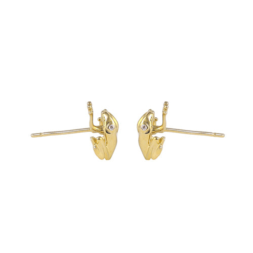 Solid 14K Gold Frog with CZ Earrings