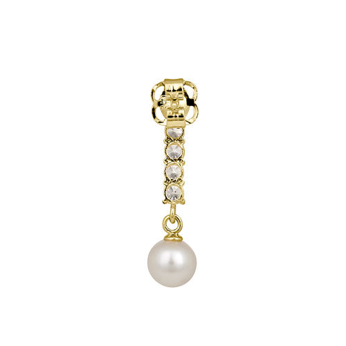 Solid 14K Yellow Gold Dangle CZ Bar & Pearl Earrings