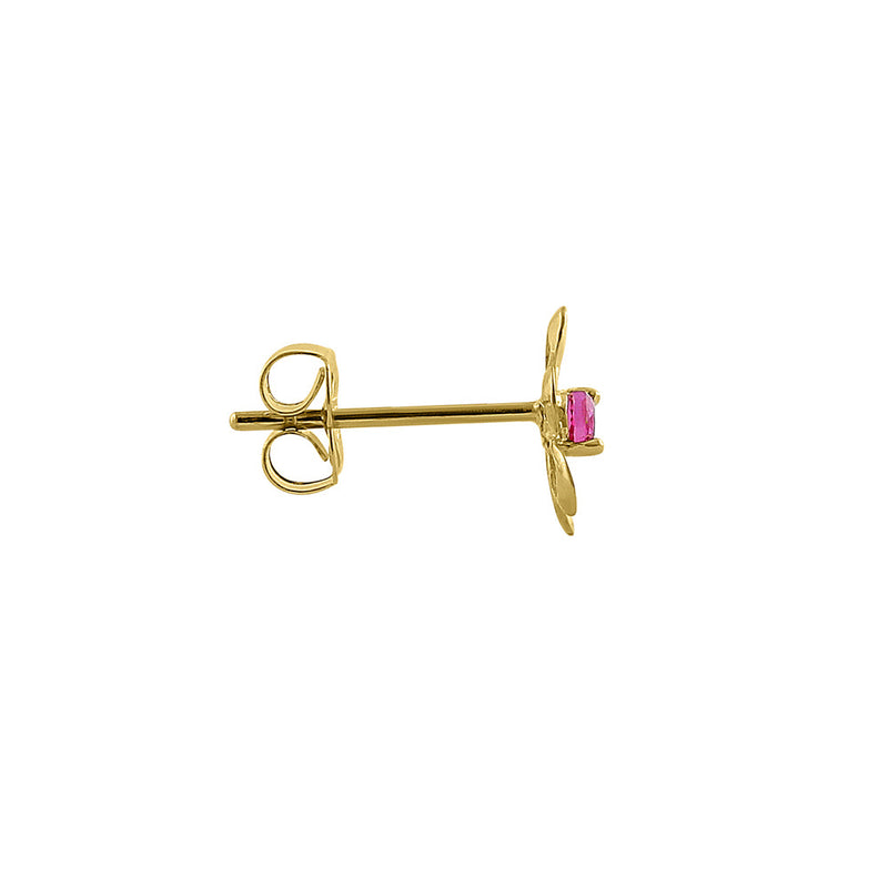 .06 ct Solid 14K Yellow Gold Retro Flower Ruby CZ Earrings