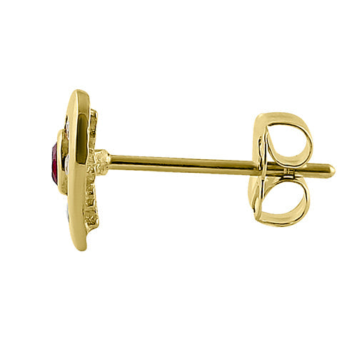 Solid 14K Yellow Gold Heart Ruby & Clear Round CZ Earrings