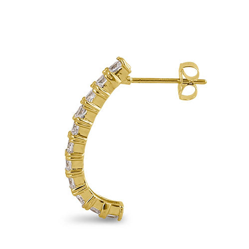Solid 14K Yellow Gold Curved Line CZ Earrings