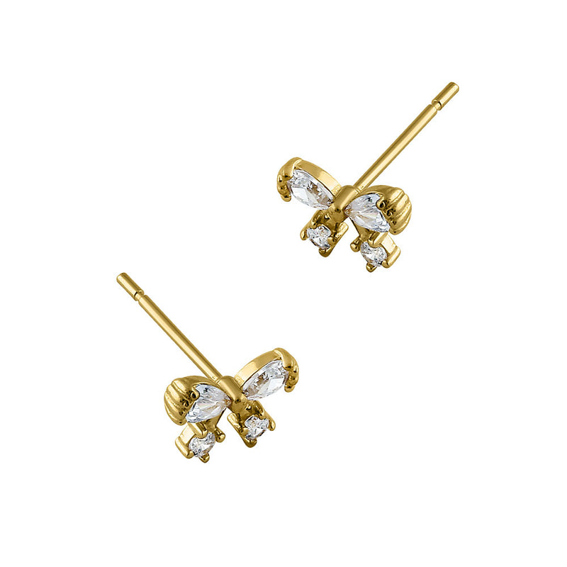 Solid 14K Yellow Gold Pretty Bow CZ Earrings