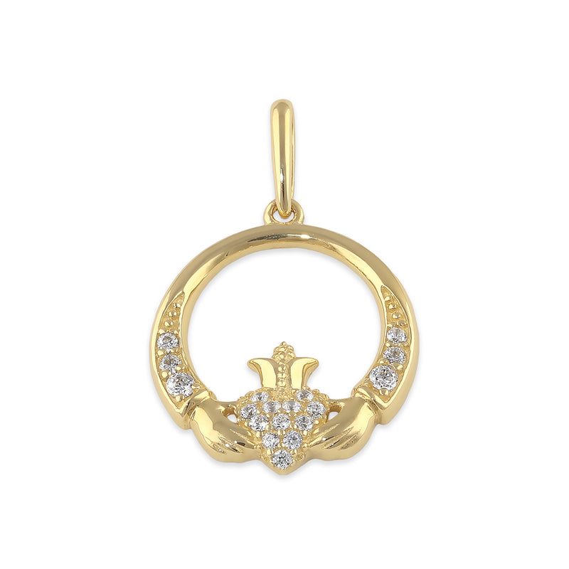Solid 14K Gold Claddagh CZ Pendant