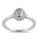 Sterling Silver Oval Iridescent Rainbow Halo CZ Ring