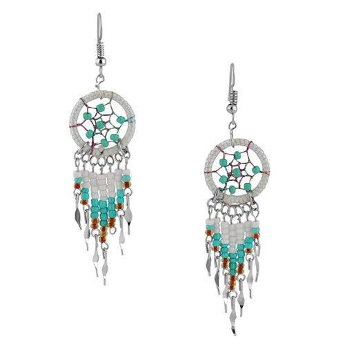Stainless Steel Dream catcher Off-White Silk Thread Beaded Dangle Earrings (Not Sterling Silver)