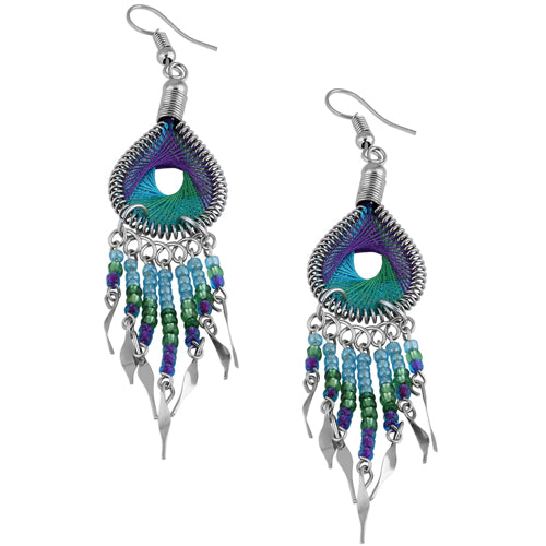 Stainless Steel Peruvian Turquoise Green and Purple Silk Thread Dangle Earrings (Not Sterling Silver)