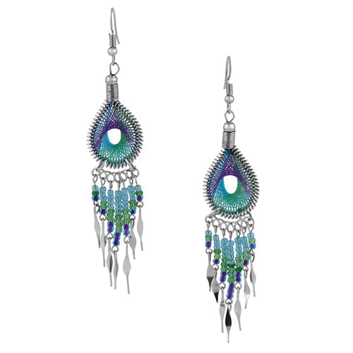 Stainless Steel Peruvian Turquoise Green and Purple Silk Thread Dangle Earrings (Not Sterling Silver)