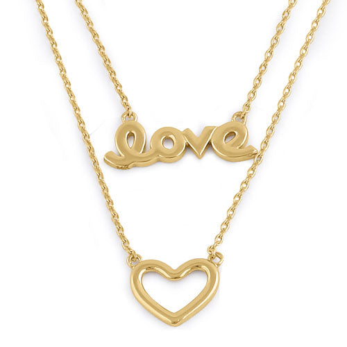 Solid 14K Yellow Gold Love and Heart Necklace