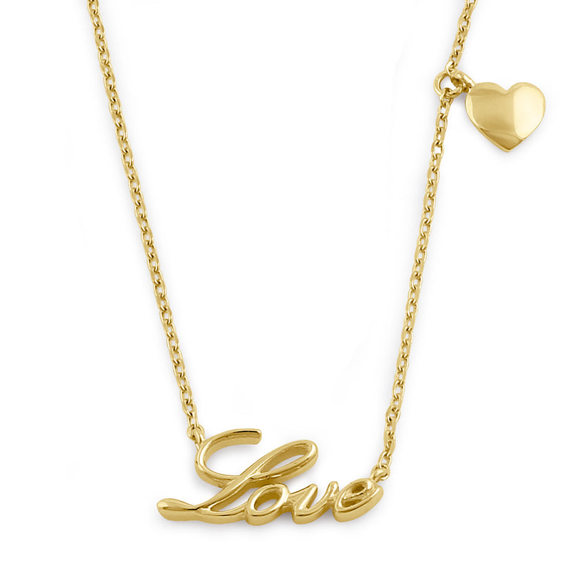 Solid 14K Yellow Gold "Love" and Dangling Heart Charm Necklace