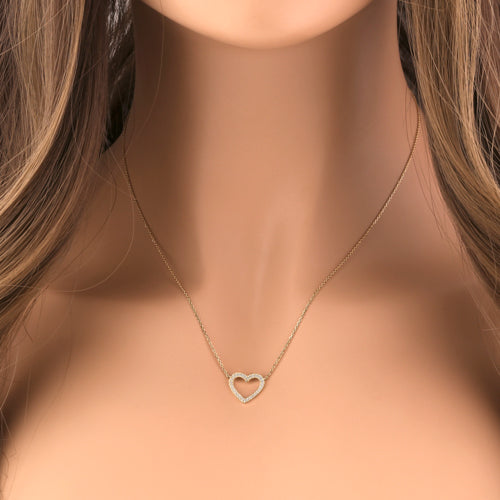 Solid 14K Yellow Gold Open Heart CZ Necklace