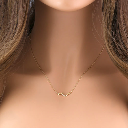 Solid 14K Yellow Gold Curved CZ Necklace