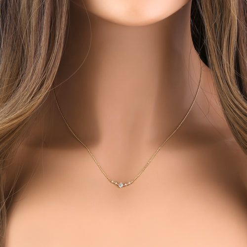 Solid 14K Yellow Gold Trendy V CZ Necklace