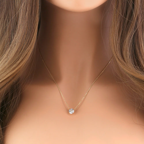 Solid 14K Gold 6.5mm Round Clear CZ Necklace
