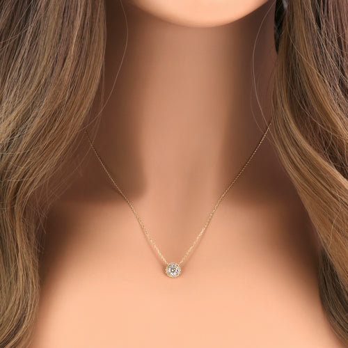 Solid 14K Yellow Gold Round Halo CZ Necklace