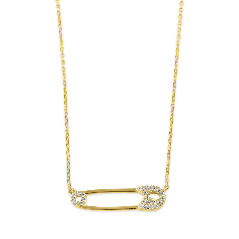 Solid 14K Gold Safety Pin CZ Necklace