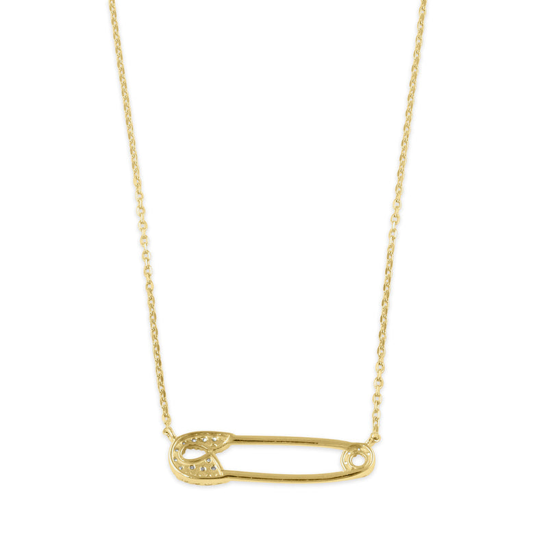 Solid 14K Gold Safety Pin CZ Necklace