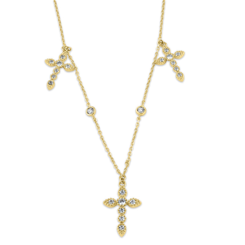 Solid 14K Gold Triple Cross Charm CZ Necklace