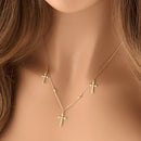 Solid 14K Gold Triple Cross Charm CZ Necklace